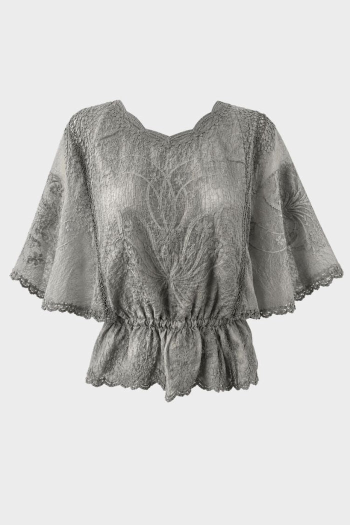 Damen Bluse mit Stickerei | Transparente Ärmel & Rundhalsausschnitt