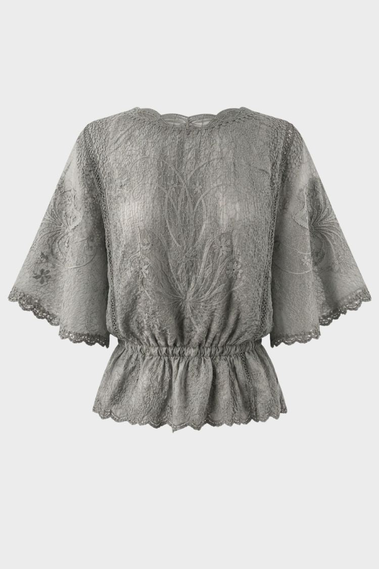 Damen Bluse mit Stickerei | Transparente Ärmel & Rundhalsausschnitt