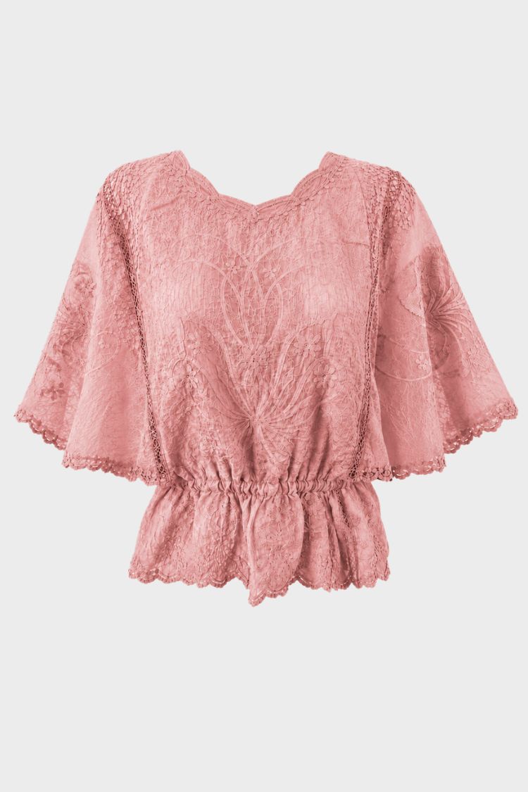 Damen Bluse mit Stickerei | Transparente Ärmel & Rundhalsausschnitt