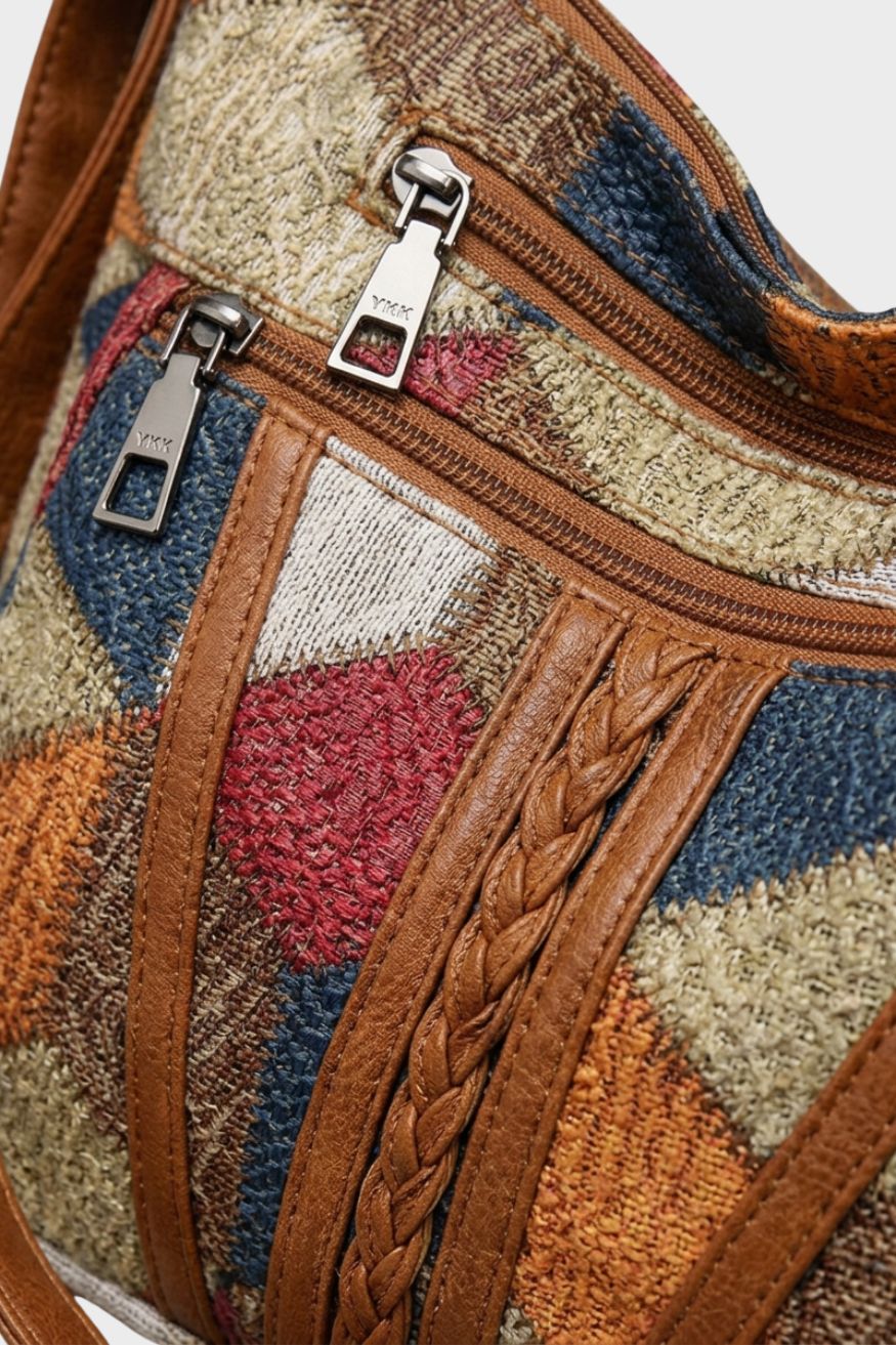 Damen Patchwork-Schultertasche | Verstellbarer Riemen & Reißverschlusstaschen