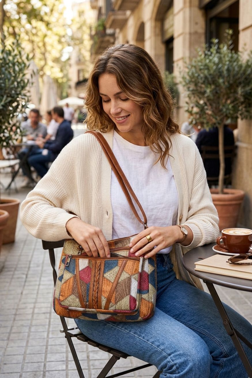 Damen Patchwork-Schultertasche | Verstellbarer Riemen & Reißverschlusstaschen