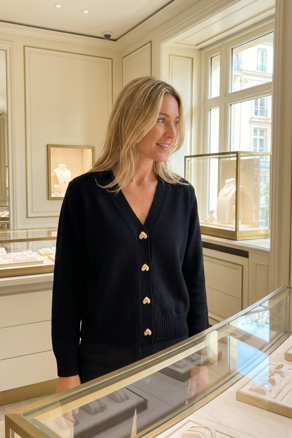 Damen Knopf-Cardigan | V-Ausschnitt & Goldfarbene Knöpfe