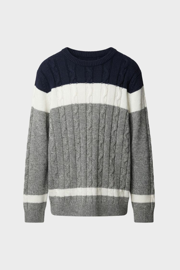 Herren Zopfmuster-Pullover | Rundhalsausschnitt & Farbblockdesign