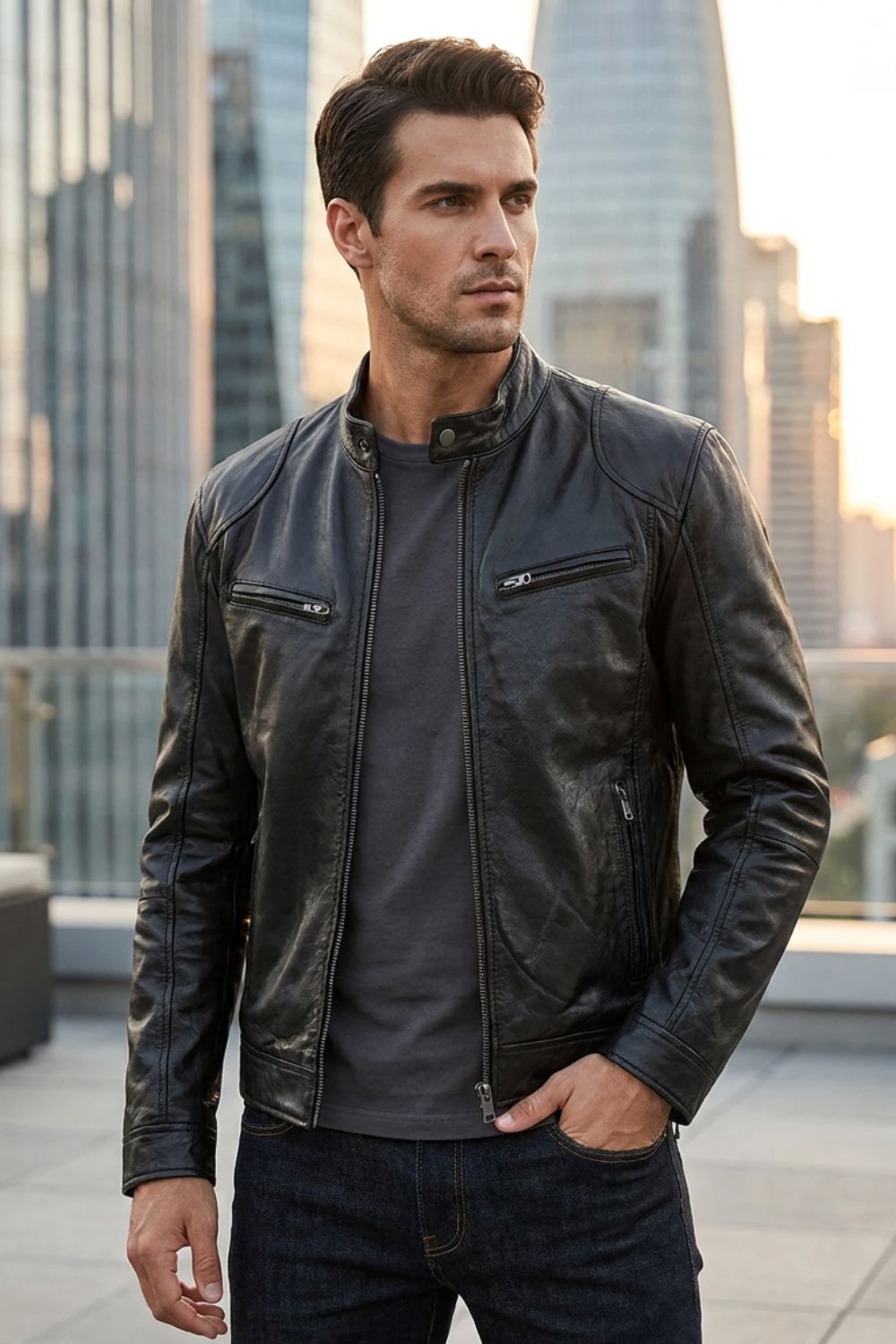 Herren Bikerjacke | Stehkragen & Frontreißverschluss