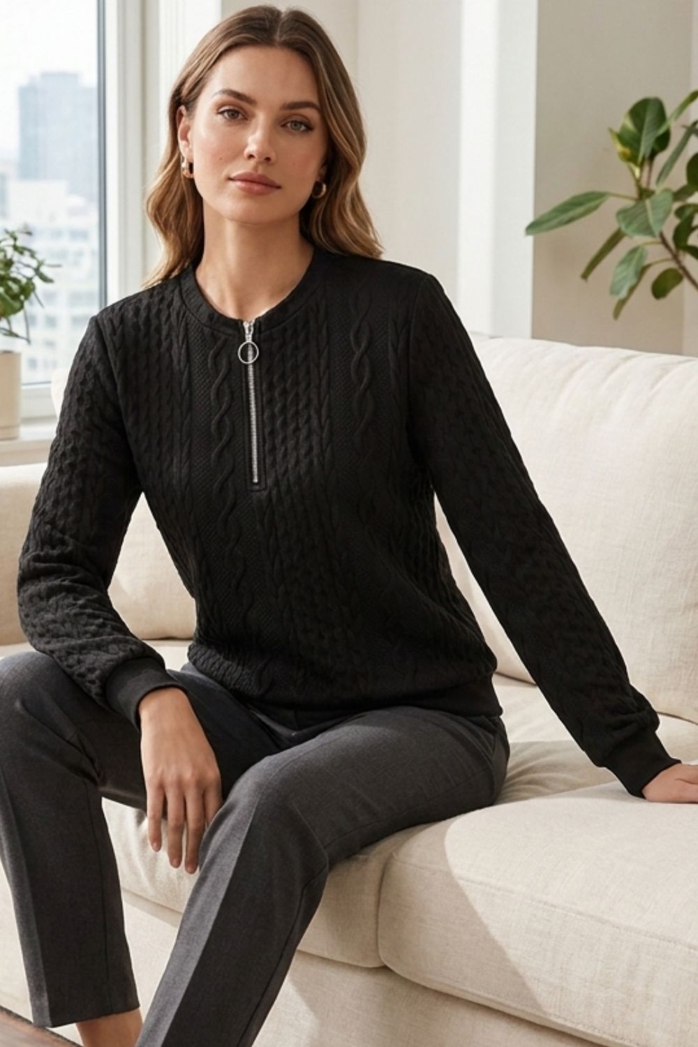 Damen Zipp-Pullover | Zopfmuster & Kurzer Reißverschluss