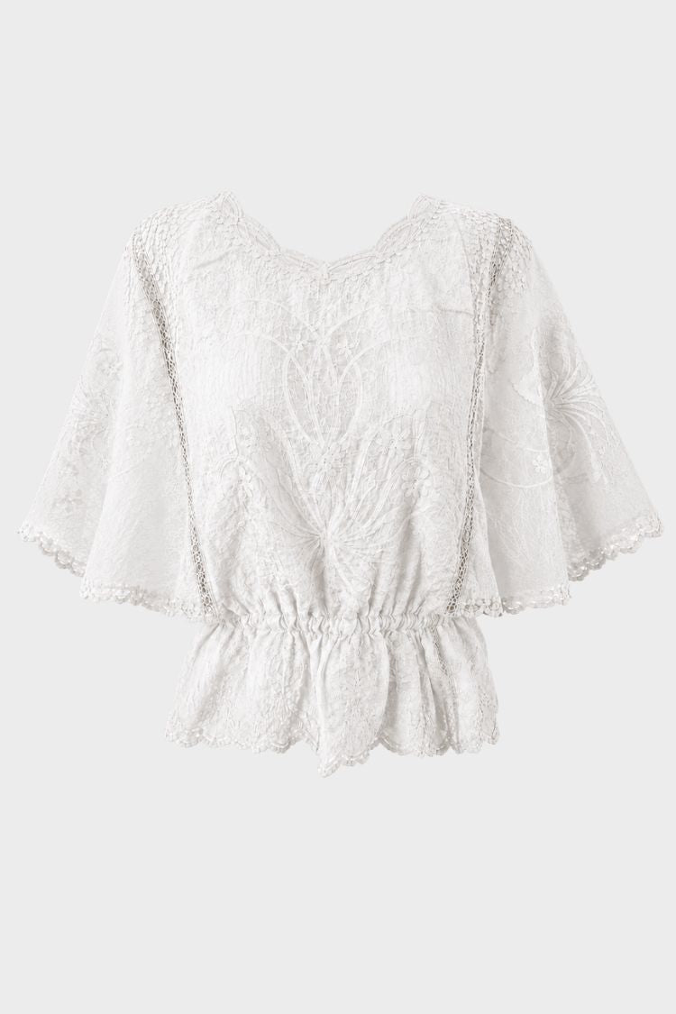 Damen Bluse mit Stickerei | Transparente Ärmel & Rundhalsausschnitt